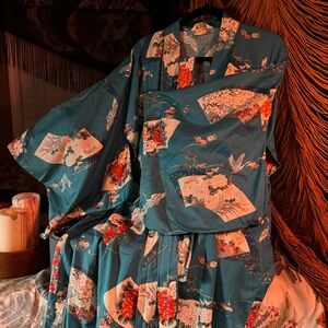 Vintage Ichi Ban Made in Japan Kimono Robe Crane Fan Print Teal Duster Size 56